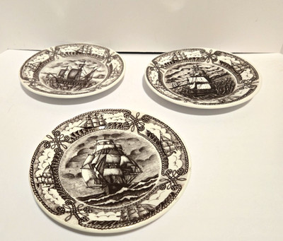 Set Of 3 Vintage Decorative ''Old Sail Vessels'' Plates 8'' Diameter