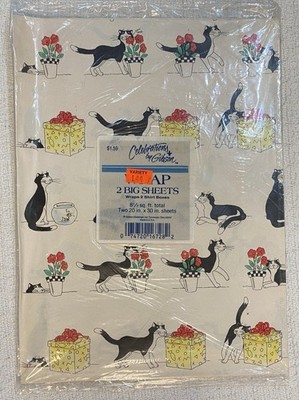 Vintage Cat Flowers Present Box Gift Wrap Paper Celebrations by Gibson NOS