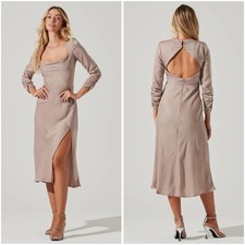 NWT ASTR Gracie Long Sleeve Satin Midi Dress Taupe Open Back XL