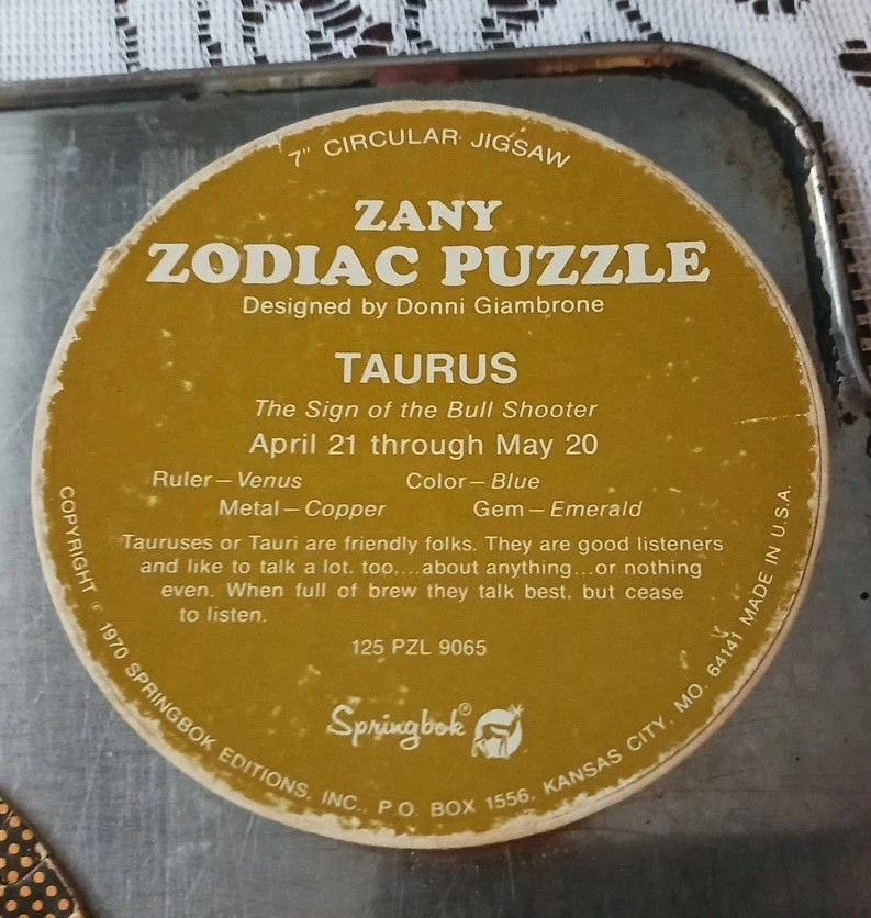 1970 Zany Zodiac TAURUS Vintage Springbok Box Only Round 7" Mini Puzzle PZL 9065 - Image 4 of 4