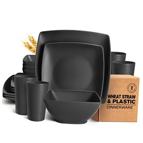 16-piece Plastic Wheat Straw Square Dinnerware Set for 4, Unbreakable Dinner