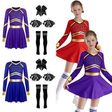 Girls Halloween Fancy Dress Up Cheerleading Dress and Pom Poms Stocks Hair Tie