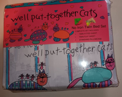 A Series Of Well Put-Together Cats TWIN Sheet Set Vintage 1986 London Prints NEW