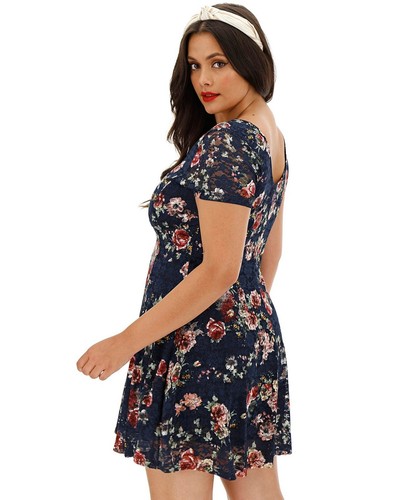 New Look Apricot Navy Rose Floral Print Mesh Embroidery Swing Dress Size M 12 - Picture 5 of 6
