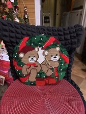 Canvas Needlepoint Winter Christmas Bear Handmade Wall Hanging 12x11