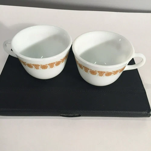 Vintage Pyrex Coffee/Tea Cups Milk Glass Golden Butterfly pattern, lot of 2