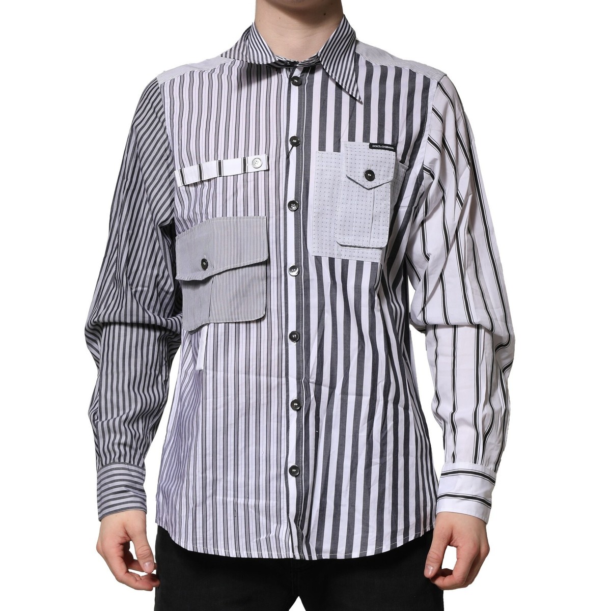 DOLCE & GABBANA Shirt White Gray Striped Cotton Men Casual 40/US15 