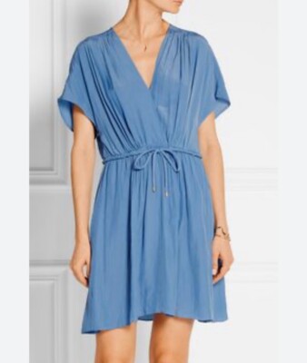 Maje Satin V-Neck Drawstring Waist Mini Dress in Light Blue Size 2 | eBay