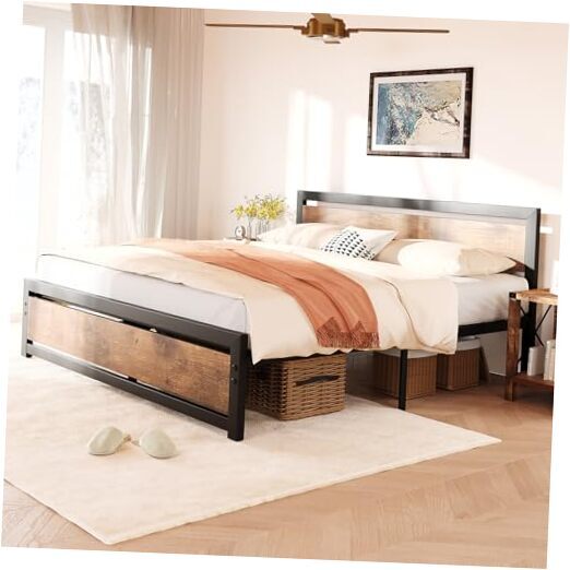 Queen Size Bed Frame with Headboard, Industrial Queen Platform Bedframe No