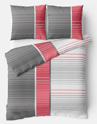 Bettwäsche Set 135x200 155x200 155x220 Grau Rot Streifen Garnitur Reißverschluss