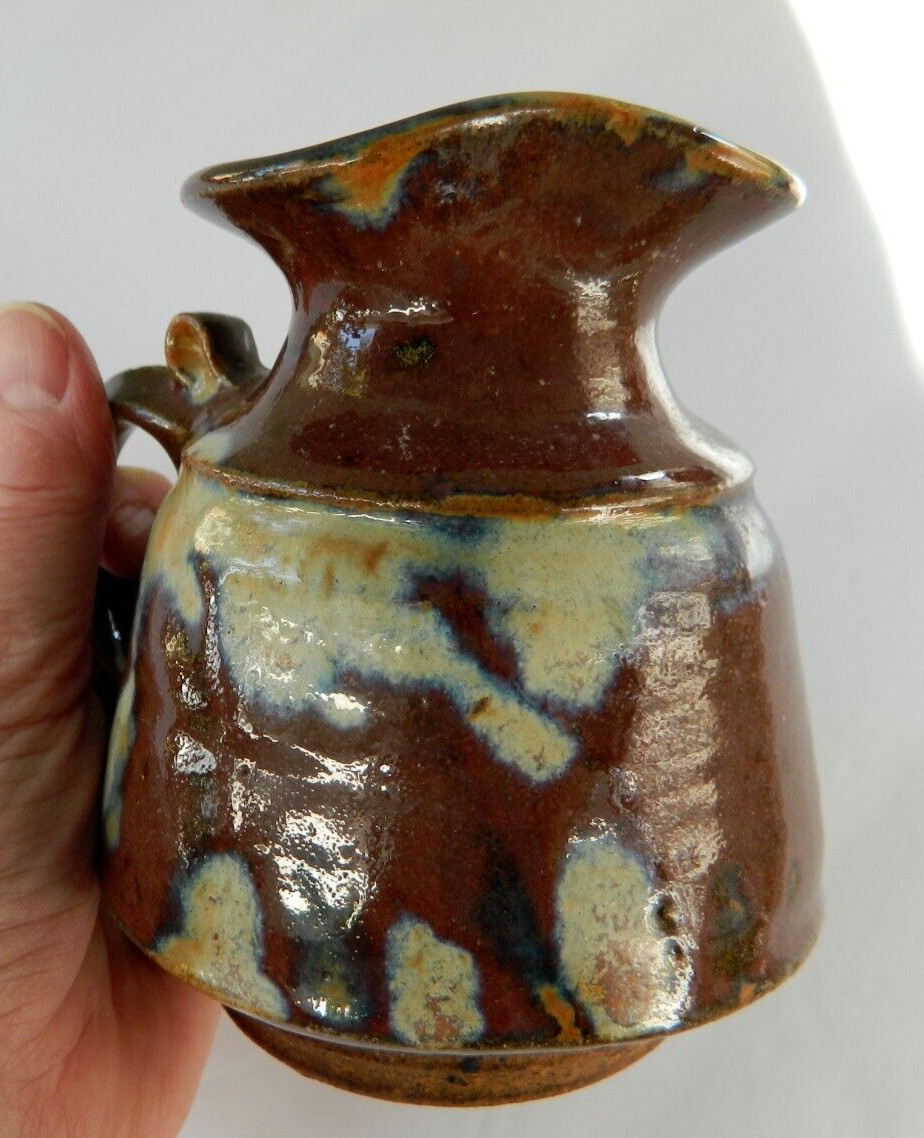 Pitcher Stoneware Small Brown Drip Glazed Rustic Farmhouse Art Pottery Signed