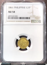 1861 PHILIPPINES GOLD 1 PESO QUEEN ISABELLA NGC AU 58 RARE BEAUTIFUL COIN
