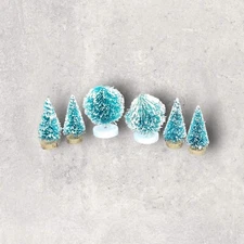 Set of 6 Pine tree Blue Tint shrub bush Village accessories Decor set