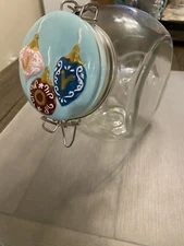 Harry & David Clear Glass Cookie Jar Ceramic Lid Ornaments “JOY” Rare