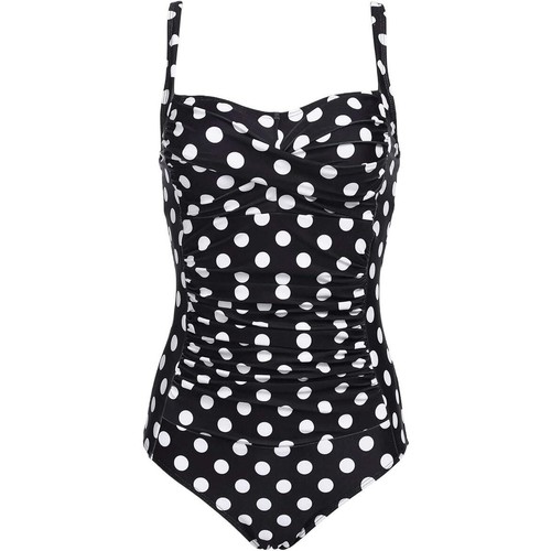 One Piece Ruched Tummy Control, Retro Push Up, Black w/ White Polka-Dots, L - Picture 5 of 11