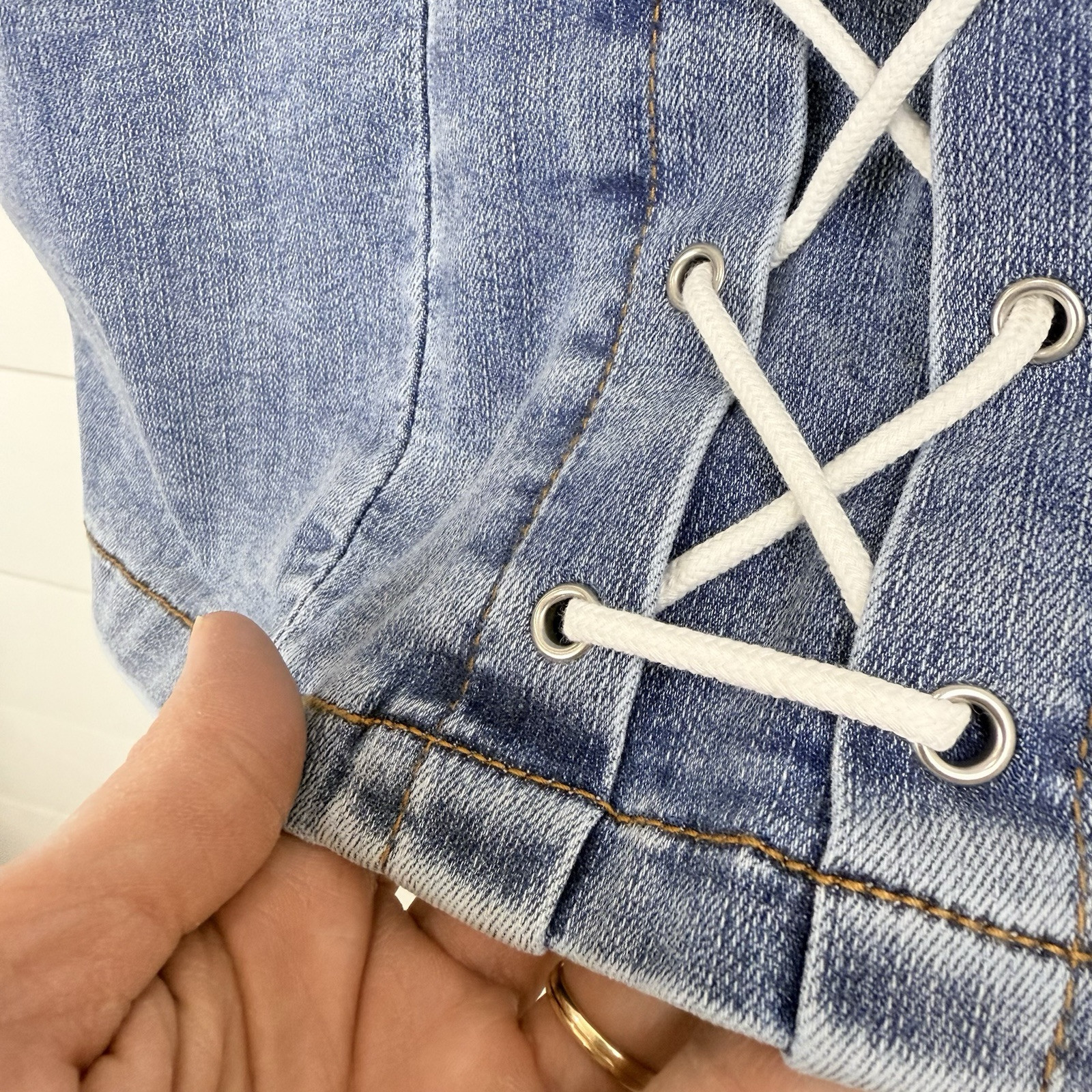 NEW TRUE RELIGION LACEUp Denim Mini Dress Timeless Light Wash WOMEN Large Corset thumbnail 5