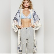 POL Moonlight Patch Lace Cardigan Kimono Duster Size Large Blue Cream