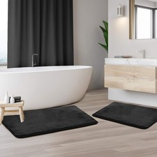 2 PCS Bathroom Rug Set Memory Foam NonSlip Machine Wash 24x17 32x20 Black