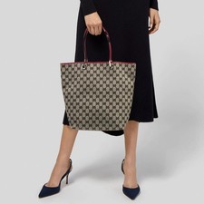 GUCCI GG Canvas Leather Open Top Vintage Tote Bag Gold-Tone Hardware Brown/Red