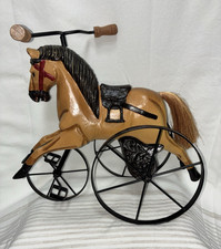 Antique Hand-Carved Wooden Horse Tricycle Display with Cast Iron Wheels