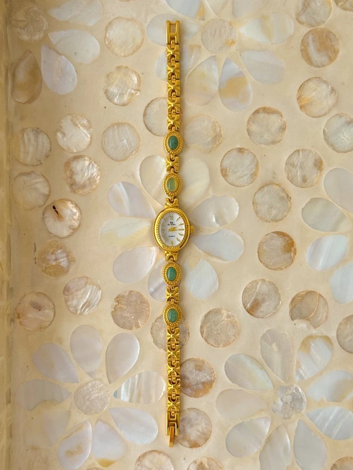 Женские часы в винтажном стиле золотой браслет с зеленым авантюрином драгоценными камнями минималистские - Изображение 4 из 4