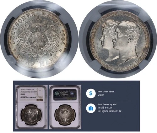 MS64 NGC 5 Mark 1904 Germany Empire Mecklenburg-Schwerin Silver Coin # 334