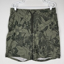 Kirkland Mens L Swim Shorts Olive Green Floral Leaf Mesh Liner Tropical Beach