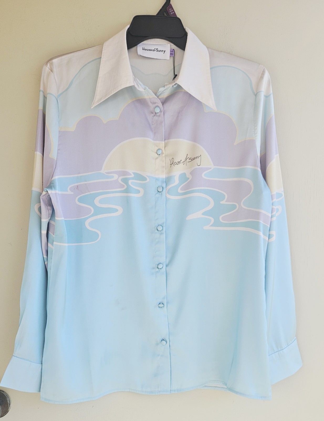 House of Sunny Daytripper Satin Graphic Button Front Shirt Top 8 ( Medium ) NEW 