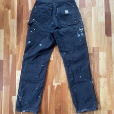 Carhartt Men's Black Durable Cotton Work Pants Utility Pockets Paint Marks