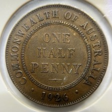 1926 Half Penny Coin - almost Extremely Fine - George V Predecimal Australia