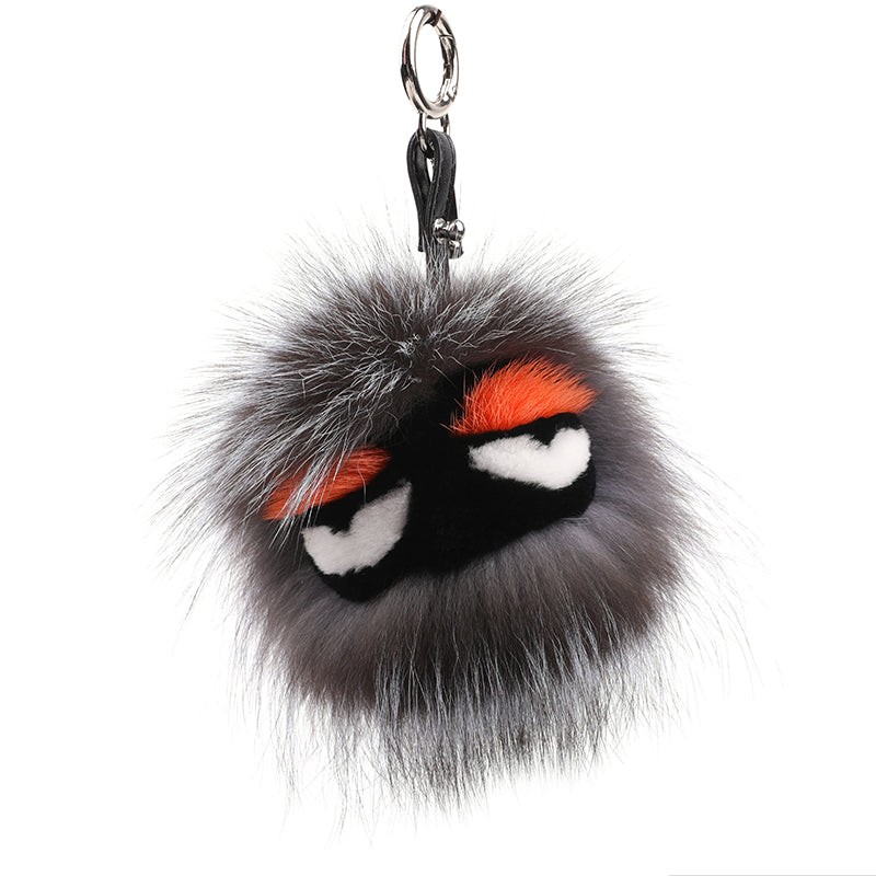 FENDI Pom-Pom Fox Mink Rabbit Fur Freak Monster Bag Bug Charm Grey