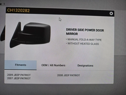 Left Driver Mirror TYC 4160032 fits 07 08 09 Jeep Patriot Power w/o Heat Manual