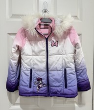 Disney Girl  s Minnie Mouse Pink Purple Ombre Faux-Fur Trim Puffer Jacket Sz 7/8