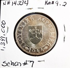 1944 Slovakia 10 Korun -w/o cross - .500 Silver Coin- One Year Type