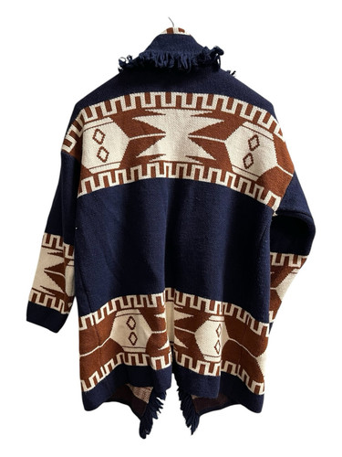 CocoGio Sweater Women M Blue Aztec Fringed Open Cardigan Wool Blend Southwestern - Picture 7 of 7