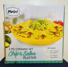 Parini 2pc Ceramic Set CHIPS and SALSA PLATTER  NIB 12.5 Serving  5” Dip Bowls
