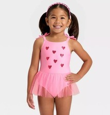 Cat  Jack Girls Pink Tulle One Piece Swimsuit With Glitter Hearts Design Size 5