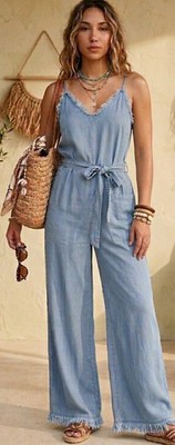 Muche et Muchette Jumpsuit OS Blue Sleeveless Tie Waist Wide Leg Pocket Boho