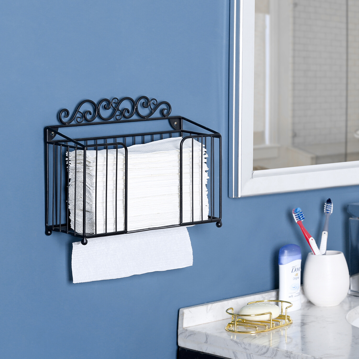 MyGift Scrollwork Black Metal Wall Mounted or Tabletop Folded Paper Towel Rack