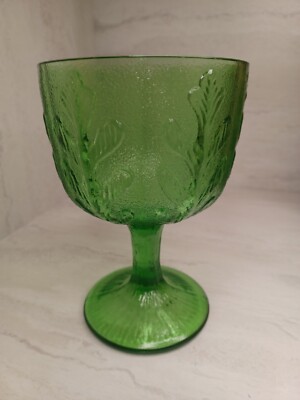 Vintage 1975 Antique FTD Avocado Green Glass Goblet Embossed Oak Leaf Glassware