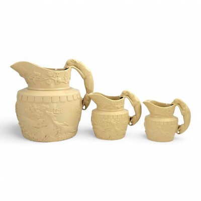 Phillips & Bagster Yellowware Jagdkrüge Set, Hirsch- & Hundgriff, Ca. 1820