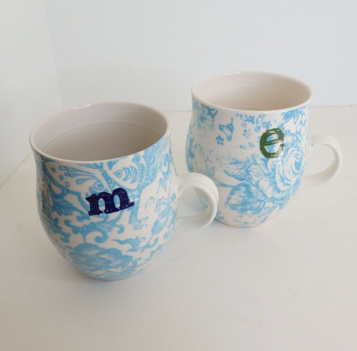 2 Anthropologie Monogram Mugs Cups Homegrown Blue Aqua Initials M