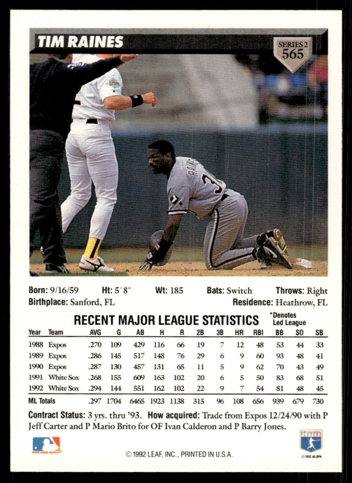 1993 Donruss Baseball Card Tim Raines Chicago White Sox #565 - Image 2 of 2