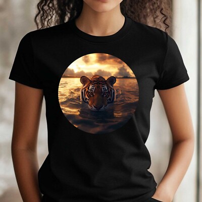 Frauen T-Shirt Tiger Schwimmt im Meer Motiv Baumwolle Größe S bis 3XL