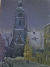 G.M.LIPPOLD (XX) - Guazzo ATMOSFERA SERALE - CHIESA con fila di case in inverno