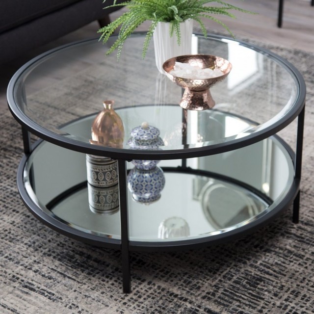 Coffee Table Modern Black Metal Round Glass Home Living Room Decor