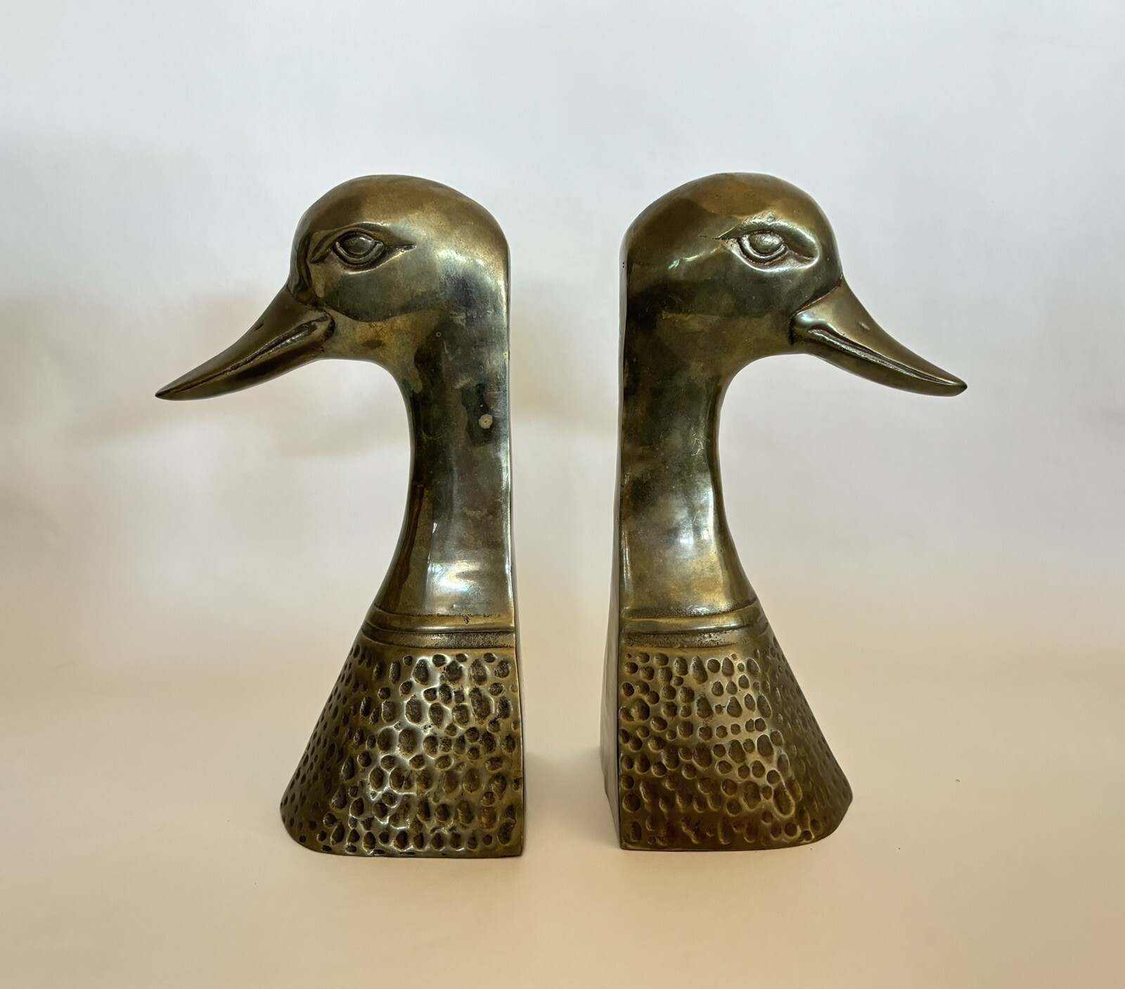 Vintage Brass Plated Ducks Heads Bookends Figures Set Of 2 Heavy 9.5