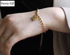 Women Girl Titanium Stainless Steel Gold Heart Oval Bead Chain Bracelet 6.5-8.5"