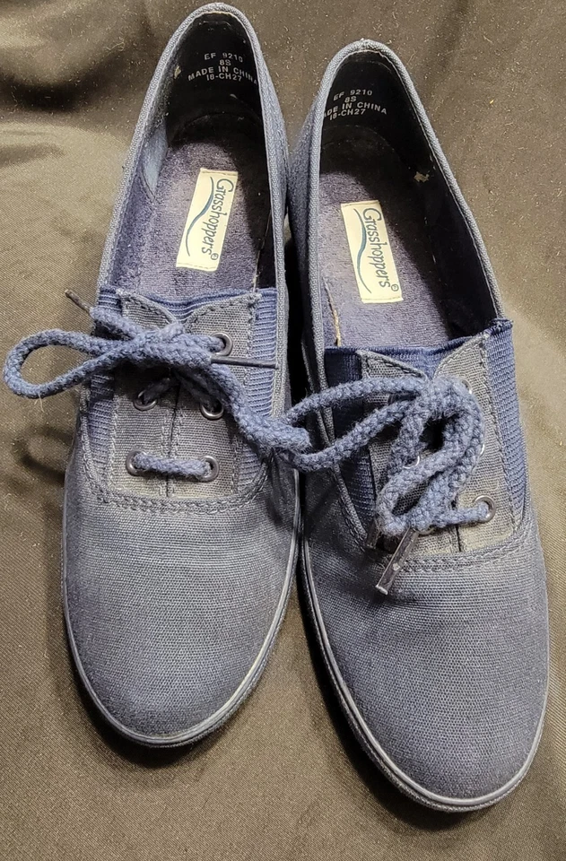 Zapatos saltamontes para mujer 8 cuña baja con cordones informales Oxford azul lona Foto 2 de 4