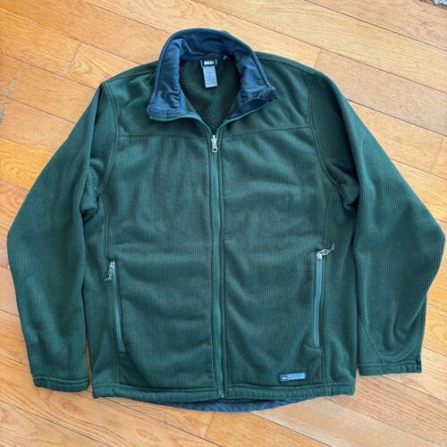 REI Jacket Full Zip Fleece Mens L Polartec Ribbed Stretch Cozy Outdoor Green